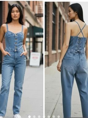 DENIM BLUE Light Blue Denim Lace-Back Women’s Jean Overalls Size Small